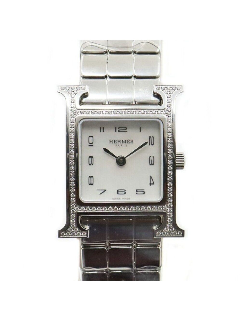 Hermes H Watch White Shell Diamond Bezel SS Quartz